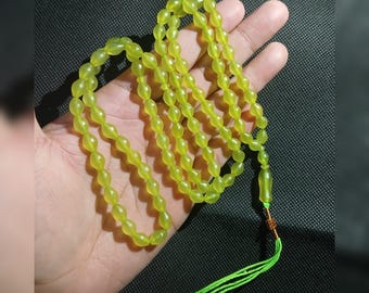 Natural Rare Shah Maqsood Bayzahar Green Jade Stone Islamic Prayer 99 Beads Tasbih Misbaha Antique Islamic Rosary Ramadan Gift for Muslims