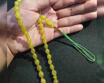 Natural Rare Shah Maqsood Bayzahar Green Jade Stone Islamic Prayer 33 beads Misbaha Tasbih Vintage Islamic Rosary Beads Gift for Muslims