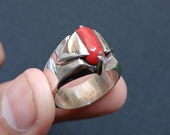 Natural Red Coral Stone Ring Handmade 925 Sterling Silver Rare Marjan Gemstone Ring Moonga Coral Ring Zodiac Birthstone Ring Coral Band Ring