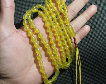 Natural Rare Shah Maqsood Bayzahar Yellow Jade Stone Islamic Prayer 99 Beads Tasbih Misbaha Antique Islamic Rosary Ramadan Gift for Muslims