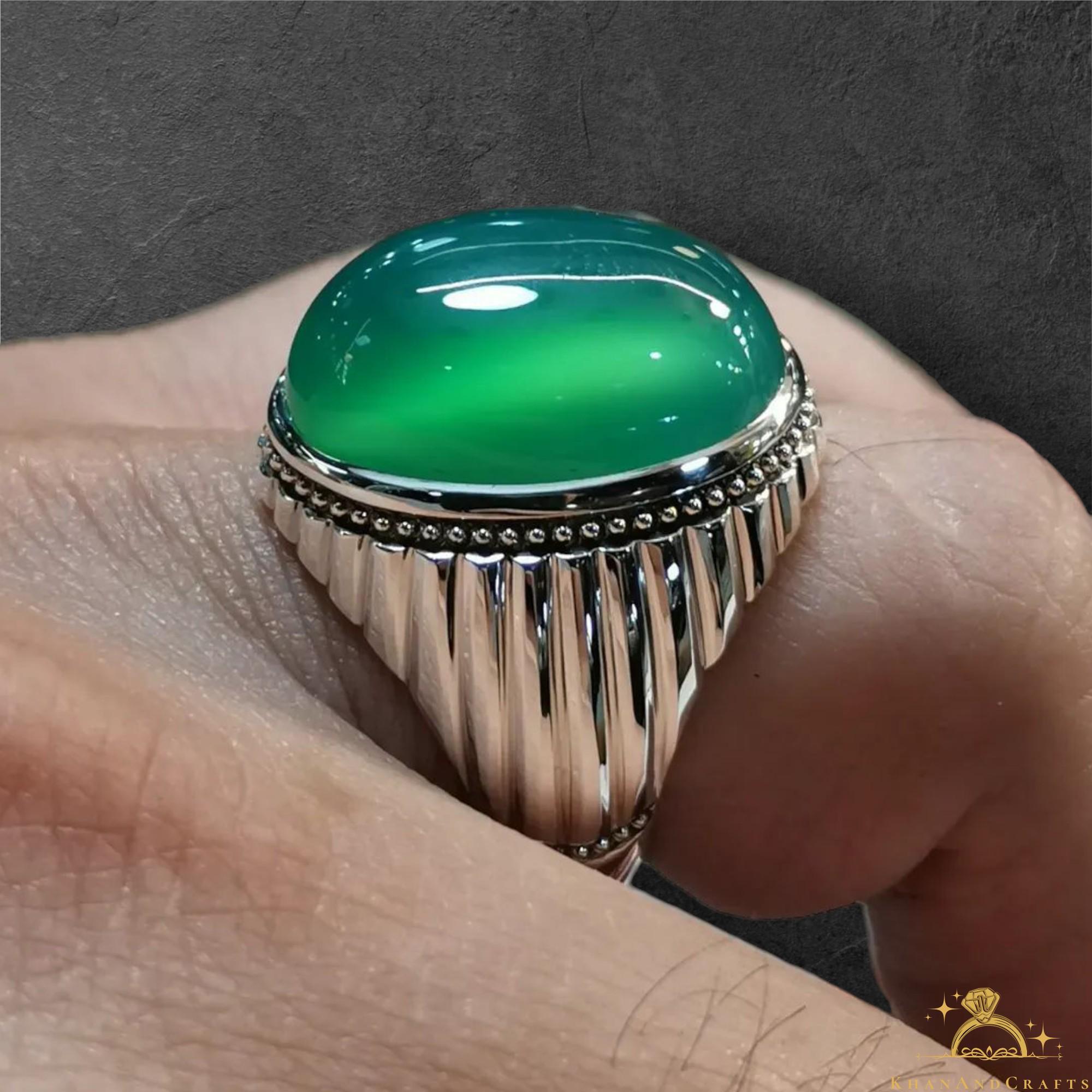 Natural Rare Green Color Agate Ring Sabz Akik Stone Ring Handmade 925 Sterling Silver Green Cabochon Aqeeq Ring for Men Birthday Gift