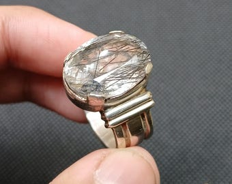 Anel de quartzo rutilado natural Moh e Najaf, pedra preta para cabelo, rutilo preto verdadeiro, feito à mão, prata 925, anel com pedra do zodíaco para presente