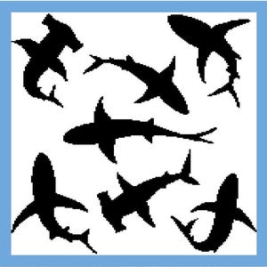 May include: Silhouettes of seven sharks in black against a white background. The sharks are in various positions, including swimming, jumping, and resting.