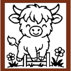 May include: A black and white cartoon illustration of a Highland cow with a smiling face, horns, and fluffy fur. The cow is standing behind a fence with flowers on either side, all within a brown border.