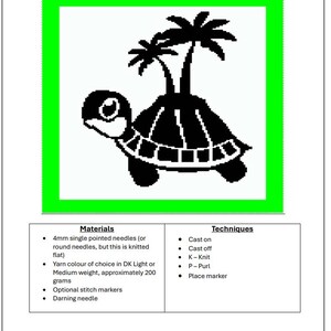 Könnte beinhalten: Schwarz-weiße Grafik einer Schildkröte mit Palmen auf dem Rücken, betitelt "Turtle Blanket". Das Bild ist grün umrandet. Darunter befindet sich eine Liste der Materialien und Techniken zum Stricken der Decke.