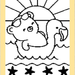 May include: Black and white line art illustration of a bear wearing sunglasses floating on a flamingo float in the water, with a sun in the background. Four black stars are at the bottom of the image.