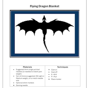 May include: A black silhouette of a flying dragon on a blue background. The image is titled "Flying Dragon Blanket". The text below the image lists materials and techniques for knitting a blanket.