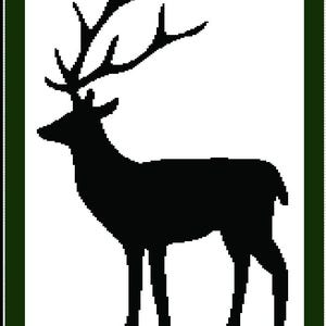 May include: A black silhouette of a deer with large antlers against a white background. The deer is standing with its head turned to the left. The image is framed with a dark green border.