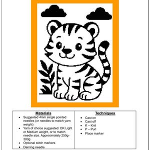 May include: A black and white illustration of a tiger cub on a blanket, framed in orange. The text "Tiger Blanket" is at the top. The image includes suggested materials and techniques for knitting the blanket.