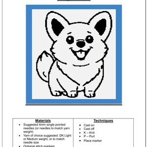 May include: Black and white line art illustration of a smiling corgi dog. The image is titled "Corgi Blanket" and includes a list of materials and techniques for knitting a blanket.