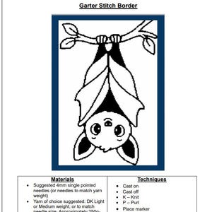 May include: A knitting pattern document titled Baby Bat Blanket with a Garter Stitch Border. The graphic shows a black and white illustration of a bat hanging upside down from a branch. It lists materials including 4mm needles and 250g-300g of yarn.