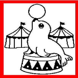 May include: A black and white line art illustration featuring a seal balancing a ball on its nose. The seal is positioned on a circular platform decorated with triangles and dots, with two circus tents in the background, all framed by a red border.