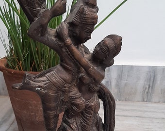 Brass Radha Krishna Statue: Antique Finish Hindu Temple Decor