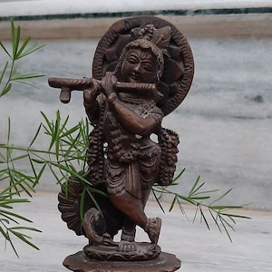 Engraved Hare Krishna Idol/Vintage Brass Lord Krishna Statue/Hindu God RadhaKrishna/Standing God Krishna With Flute/Indian Spiritual Decor
