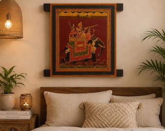 Hand Painted Wooden Window, Indian Folk Art Elephant Wall Decor, Traditional Rajasthani Art