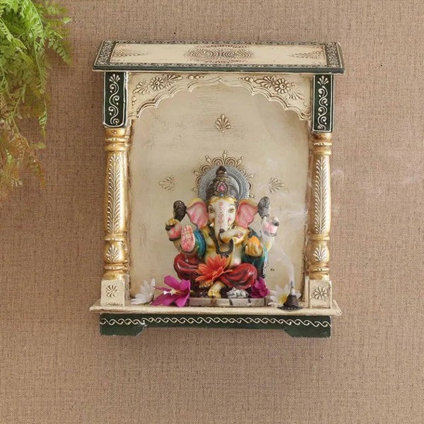 Wooden Mandir In White And Green puja/worship/Mandir, wall hanging temple made of wood and carving mandir wall decor, Antique Finish