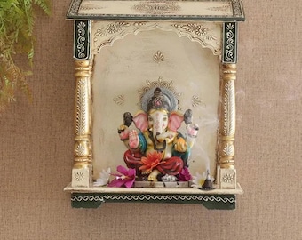 Embossed Painted Wood Mandir: Antique Finish Wall Shrine