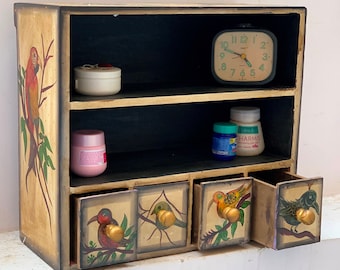 Hand Painted Wooden Cabinet: Indian Parrot Bird Drawers, Display Cupboard