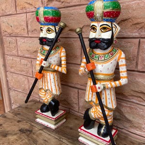 Handcrafted Wooden Chokidar Statues/Hand-Painted Traditional Watchman Decor/Indian Durban Figurine/Folk Art/Darbaan Set For Home Decor