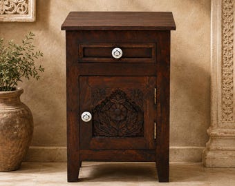 Hand Carved Wooden Bedside Cabinet – Indian Nightstand, Rustic Vintage Side Table With Drawer
