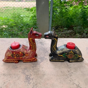 Hand-Painted Wooden Camel Tealight Holder Set: Indian Decor