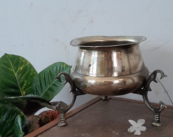 Old Brass Carved Pot On Stand/Brass Water Bowl/ Home Decor Peacock Legs/Brass Planter Bowl/Festival Gift/Collectible Brass Bowl With Feets