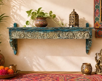 Vintage Indian Wooden Wall Shelf – Hand Carved Floral Display Shelf