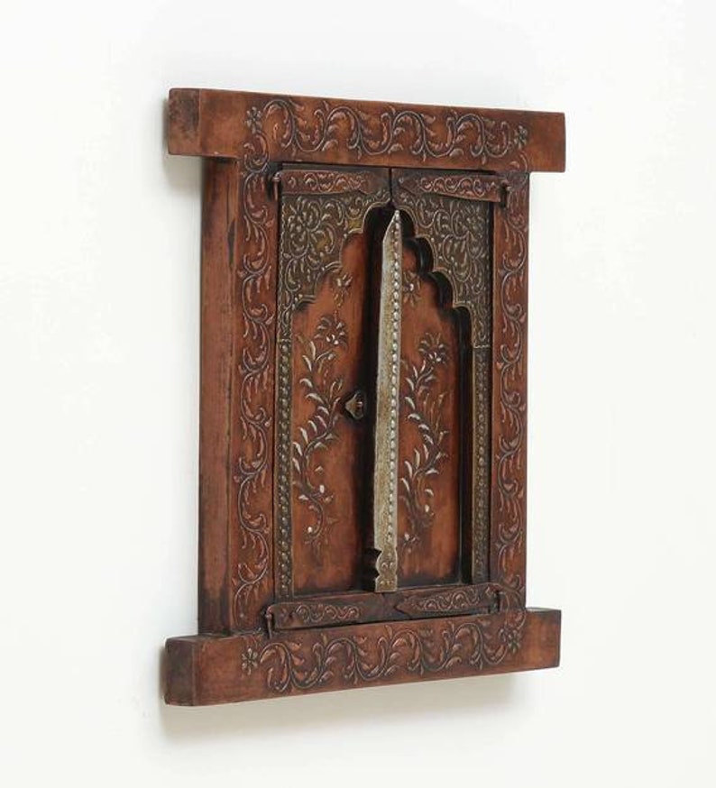 Handmade Wooden Wall Window/Wall Hanging Jharokha/Home Decor/Embossed Painted Jharokha/Wooden Ethnic Frame/Indian Furniture/Antique Finish image 4