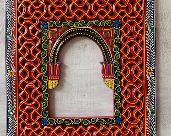 Hand-Painted Wooden Jharokha Frame: Indian Wall Hanging Decor