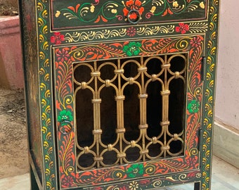 Embossed Painted Cupboard/Wooden Hand Carved Cabinet/Metal Jali Work//Single Drawer Table Decor/Small Floral Bedside Almirah/Indian Decor