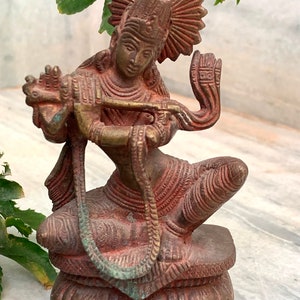 Vintage Brass Krishna Statue: Hand-Carved Hindu God Flute Figurine