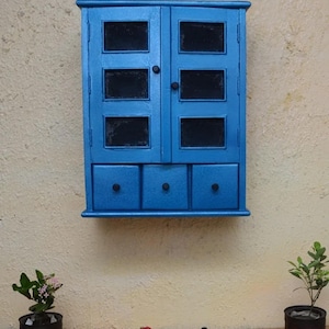 Handmade Blue Folklore Cabinet: Rustic Wall Shelf Jewelry Storage