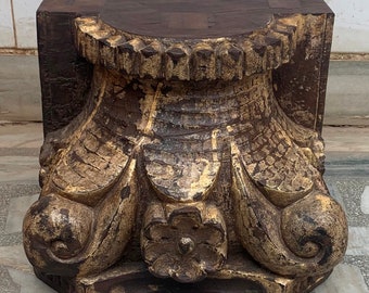 Antique Carved Wood Shelf Bracket: Distressed Painted Indian Decor