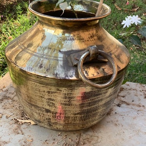 Brass Planter with Antique-Style Handles/Classic Accent Piece for Home & Garden/Beautiful Brass Water Pot/Handcrafted Brass Vessel Container