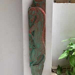 Distressed Antique Carved Wood Wall Panel: Indian Animal Statue Decor