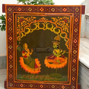 Antique Wooden Window/Hand Painted Lord Krishna And Devotee/Old Wooden Window Frame/Indian Handicrafts/ Traditional Religious Home Decor