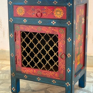 Floral Painted Wooden Bedside Table: Bohemian Nightstand with Metal Jali