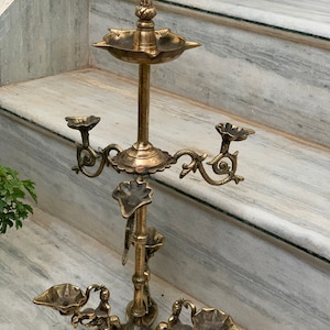 The Majestic Brass Oil Lamp Stand/Hindu Religious Temple Lamps/Brass Multiple Diyas/Floral Oil Deepak/Home Decor/Old Brass Oil Lamp Stand