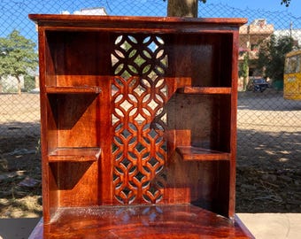 Handcrafted Wooden Wall Cabinet with Jali Work Drawer, Indian Decor