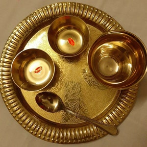 Brass Thali Set	Dinner Plate	Bhog Thali	Dinnerware	Gifting Purposes	Kitchen Plate	Bowl Spoon Fork	Glass	Traditional Set	Indian Dinnerware	Set Of 5pcs	Festival Gift	Celebration Gift