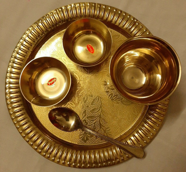 Brass Thali Set	Dinner Plate	Bhog Thali	Dinnerware	Gifting Purposes	Kitchen Plate	Bowl Spoon Fork	Glass	Traditional Set	Indian Dinnerware	Set Of 5pcs	Festival Gift	Celebration Gift