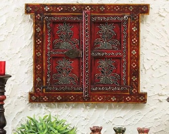 Rajasthani Red Jharokha Window/Traditional Home Decor/Wooden Frame/Wall Hanging Window/Painted Heritage Frame/Indian Architectural Decor