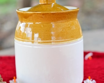 Traditional Brown & White Ceramic Pickle Jar - Handmade Bharni Jar with Lid - Indian Kitchen Container