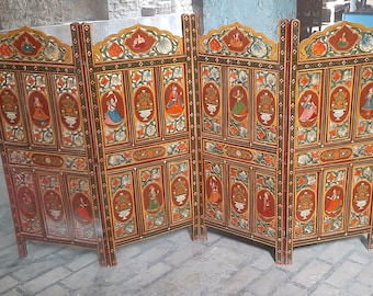 Hand Painted Indian Screen/Wooden Room Divider Partition Panel/Room Divider/4 Panels Folding Screen/Home Decor/Indian Royals Painted Frame