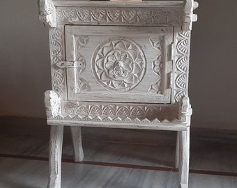 White Painted Storage Table/Vintage Wooden Bedside Table/Wooden Floral Carved Cabinet/Indian Handicraft Furniture/Home Decor/Wood Nightstand