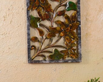 Hand Carved Floral Wall Hanging, Wooden Panel, Home Decor Wall Panel, Floral Living Room Wall Hanging, Antique Hand Carved Floral Wood Panel