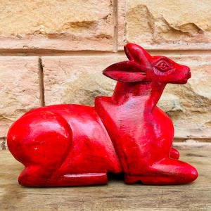 Hand Painted Red Wooden Cow Figurine/Rustic Folk Farmhouse Decor/Cow Statue/Animal Figure/Home Decor/Wood Nandi/Indian Holy Cow Statuette