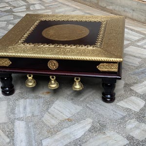 Wooden Temple Chowki With Bells/Brass Fitted Bajot/Traditional Festival Decor Table/Indian Wooden Stool/Mandir Prayer Room Temple Decor Gift