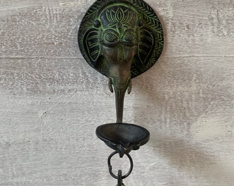 Brass Ganesha Oil Lamp with Bell, Vintage Hindu Wall Decor