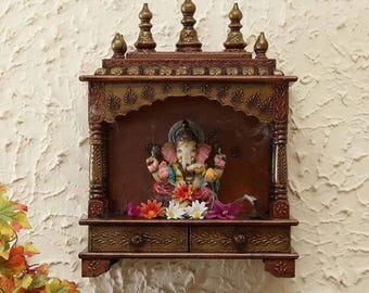 Handcrafted Wooden Wall Hanging Temple: Copper Pooja Mandir